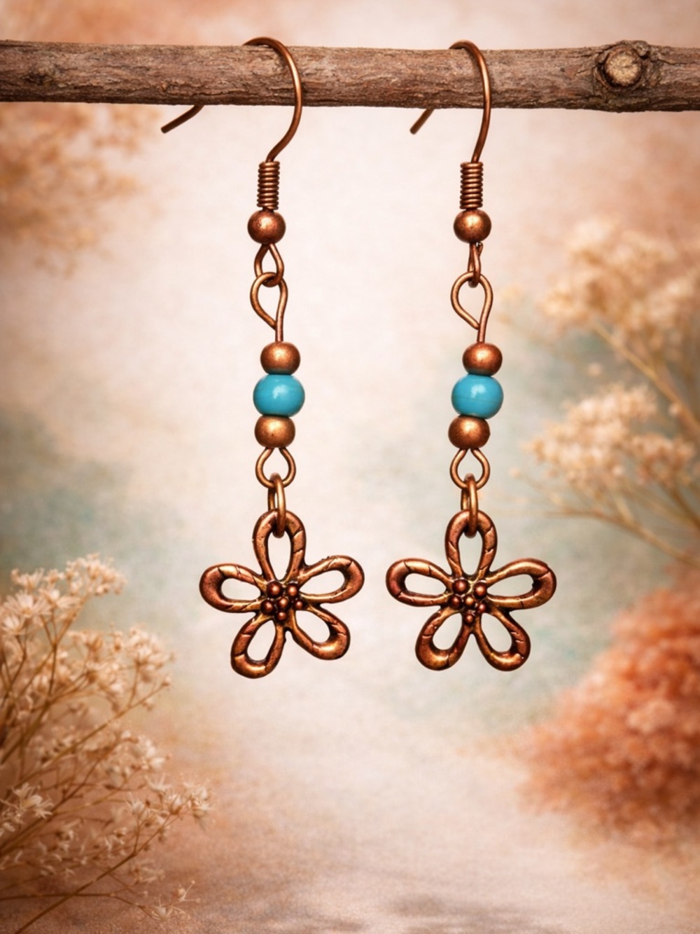 Copper Flower Earrings | Turquoise Bead Dangle | Boho Rustic